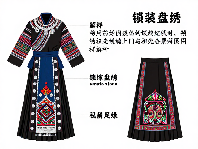 苗绣婚嫁盛装纹样解析，锁绣盘绣入门与祖先崇拜图案解读