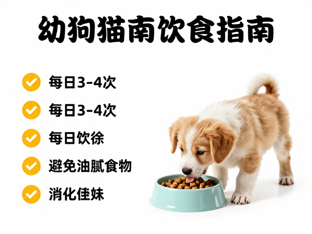 幼犬喂食指南,每日3-4次,避免油腻食物助消化