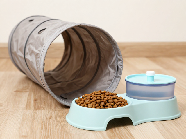 专用猫粮搭配猫隧道与便携水壶食盆,打造科学养宠新体验