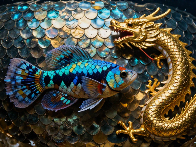 马赛克孔雀鱼与马来西亚金龙,光滑细腻的美学对比