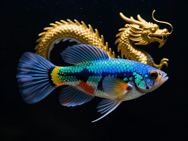马赛克孔雀鱼与马来西亚金龙,光滑细腻的美学对比