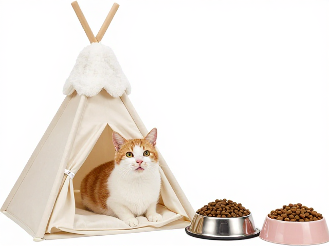 专用猫粮搭配猫帐篷与陶瓷不锈钢食盆，打造科学养宠舒适空间
