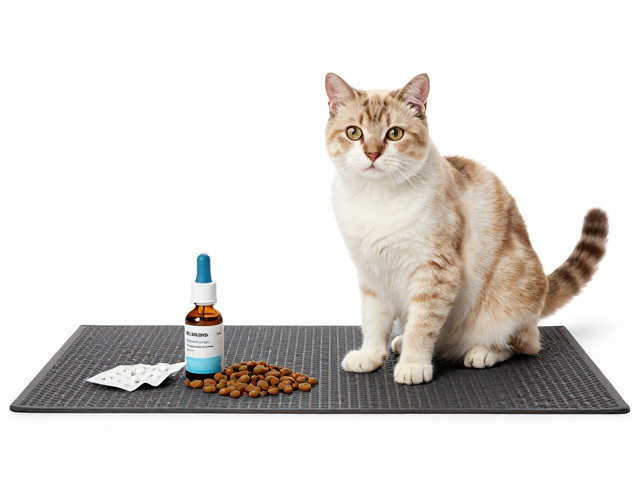 专用猫粮搭配驱虫滴剂与口服药,防滑垫守护爱宠健康
