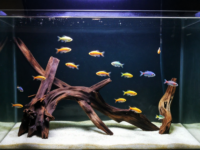 群游鱼造景，沉木搭配开阔水域，打造高观赏性水族空间