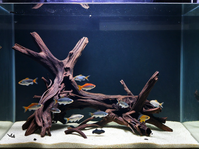 群游鱼造景，沉木搭配开阔水域，打造高观赏性水族空间