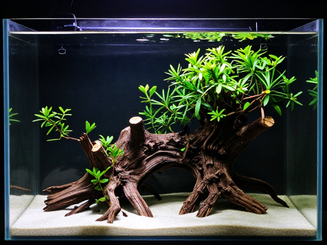 简约裸缸造景,利用杜鹃根打造视觉引导线,打造高级感水族景观