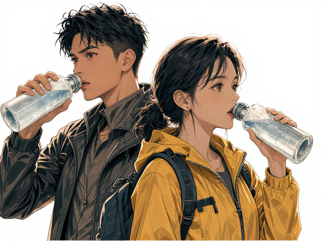 青年男女户外防水防风装备,缺水易致失温,带齐饮水才安全