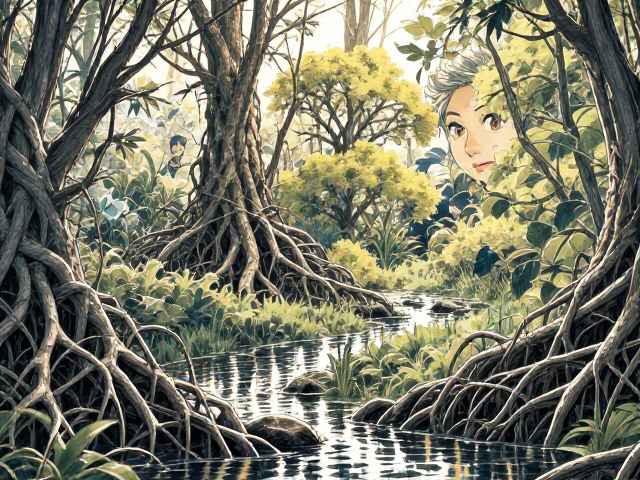沼泽湿地溪流旁的植被,栖息地貌中的生态秘密