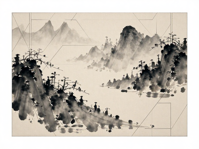 现代简约布饰，几何线条勾勒水墨山水意境，打造高级家居氛围