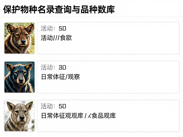 保护物种名录查询与品种数据库，日常体征观察指南（活动/食欲）