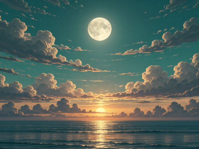 海天青绿下的满月,太阳余晖中的绝美夜景与摄影灵感