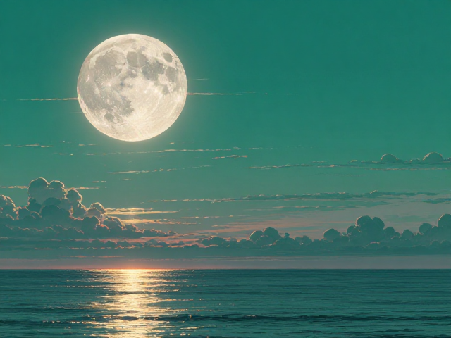海天青绿下的满月，太阳余晖中的绝美夜景与摄影灵感