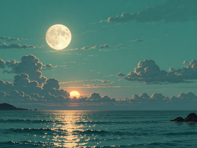 海天青绿下的满月,太阳余晖中的绝美夜景与摄影灵感