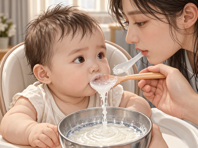 宝宝断奶喂养指南,温水泡软米粉,科学引入糊状食物