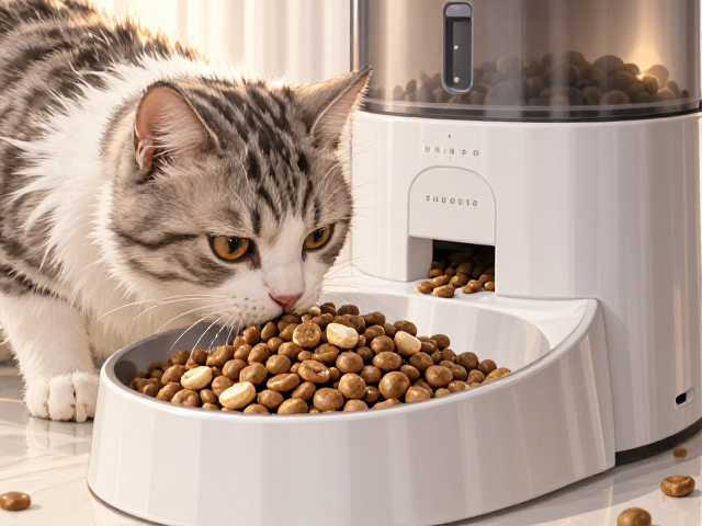 专用猫粮搭配慢食碗与自动喂食机,科学喂养防暴食更健康