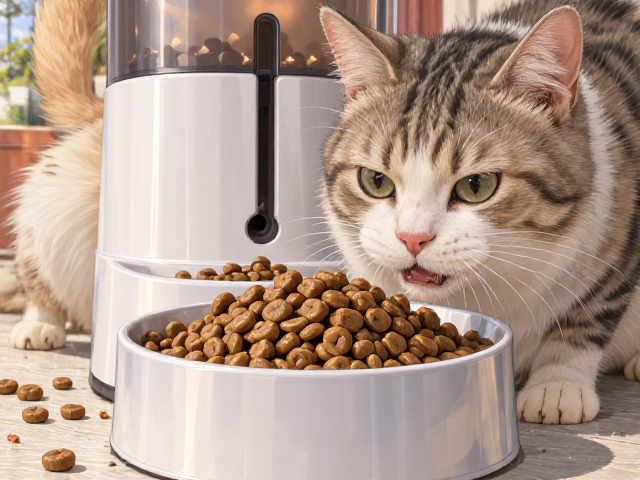 专用猫粮搭配慢食碗与自动喂食机,科学喂养防暴食更健康