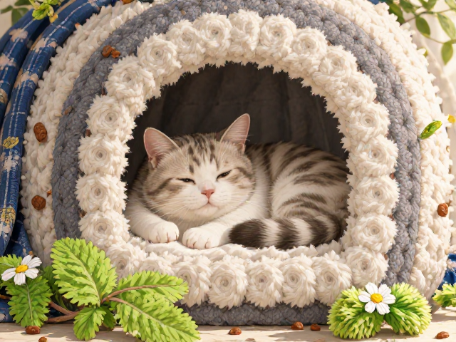 专用猫粮搭配猫窝与猫薄荷玩具,打造猫咪舒适睡眠与娱乐空间