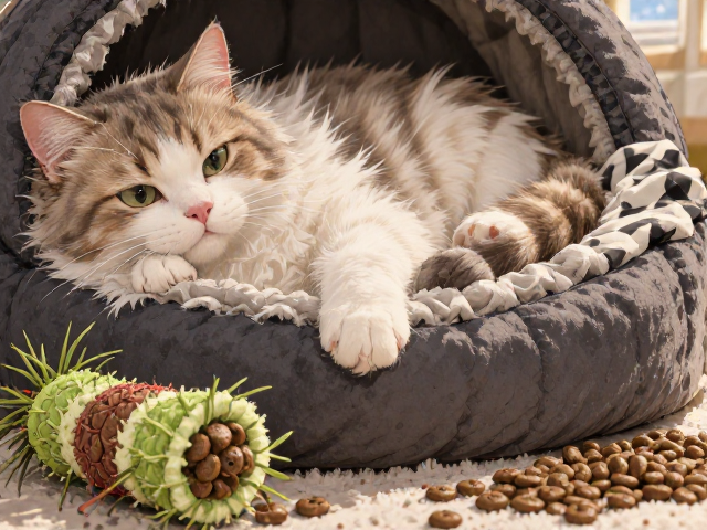 专用猫粮搭配猫窝与猫薄荷玩具,打造猫咪舒适睡眠与娱乐空间