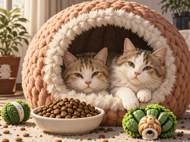 专用猫粮搭配猫窝与猫薄荷玩具,打造猫咪舒适睡眠与娱乐空间