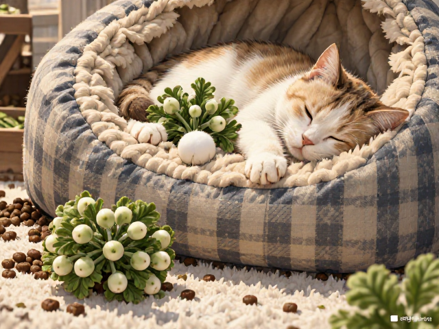 专用猫粮搭配猫窝与猫薄荷玩具,打造猫咪舒适睡眠与娱乐空间