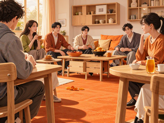 北欧风环保实木家具,橡木松木橙色空间激发社交活力