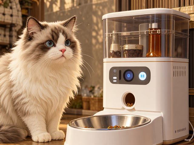 可收纳带饮品架的智能宠物喂食器,支持远程监控与APP管理