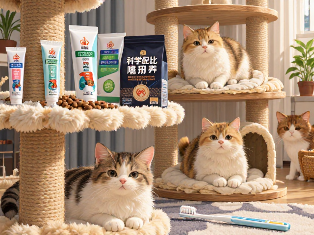 专用猫粮搭配猫用牙膏牙刷与多层猫爬架,打造科学养猫舒适空间