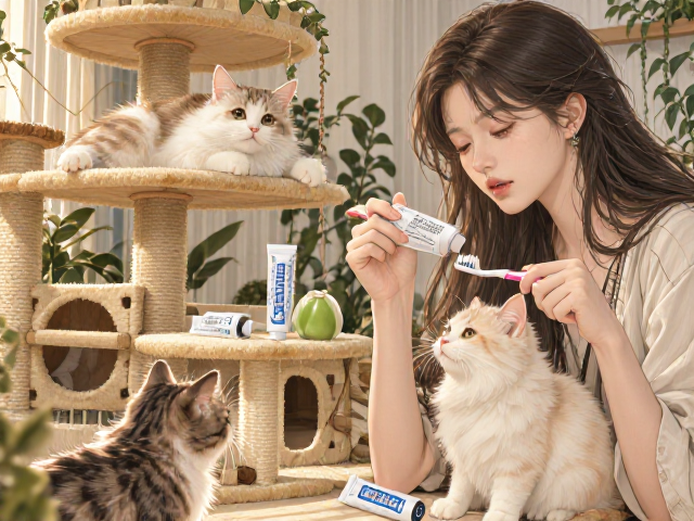 专用猫粮搭配猫用牙膏牙刷与多层猫爬架,打造科学养猫舒适空间