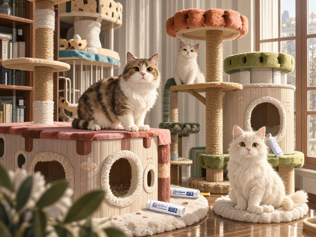 专用猫粮搭配猫用牙膏牙刷与多层猫爬架,打造科学养猫舒适空间