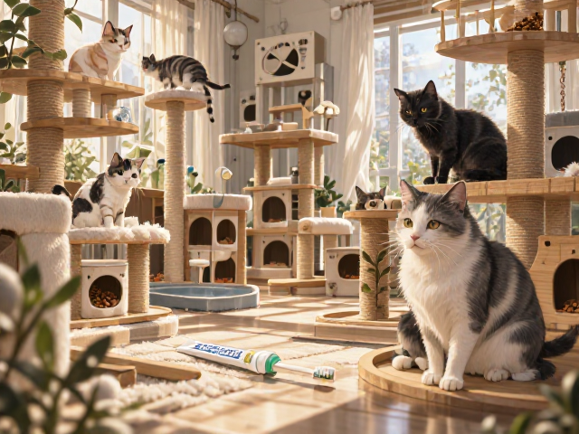 专用猫粮搭配猫用牙膏牙刷与多层猫爬架,打造科学养猫舒适空间