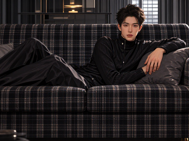复古深色调格纹布艺沙发，打造现代简约高级客厅美学