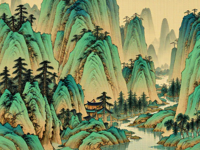 虫鱼题材青绿山水，山石皴法清晰，仿古意境幽远