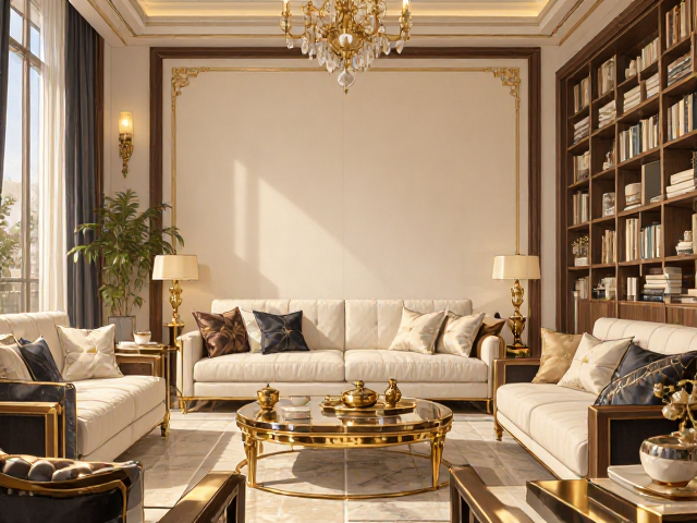 轻奢风客厅,金色深色木框打造沉稳大气氛围
