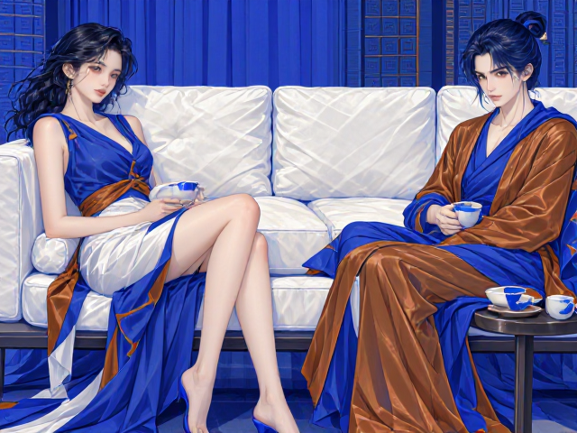 克莱因蓝,焦糖色点缀,白色布艺沙发的高级玩法
