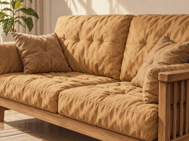 原木色实木沙发搭配驼色布艺染色,打造温馨自然家居风