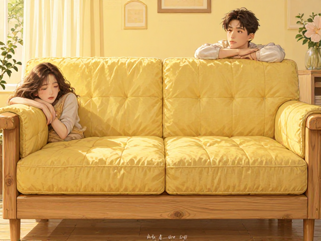 原木色实木沙发搭配鹅黄色渐变,同色系打造温馨治愈家居风