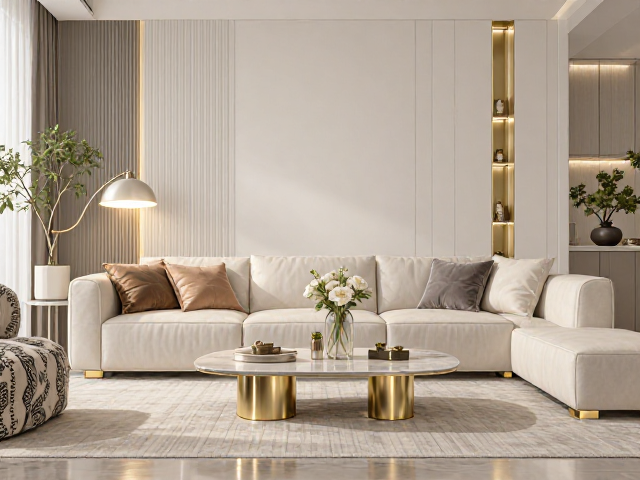 现代简约风客厅设计，黄铜细节点缀，邂逅静谧海洋气息