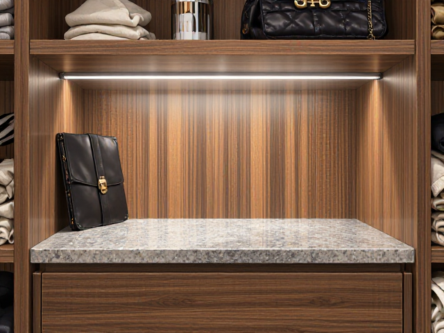 实木衣帽间搭配石英石台面,打造耐用又高级的收纳空间