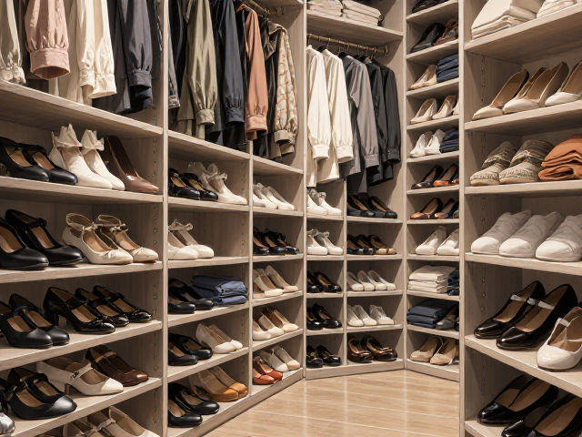 家用衣帽间挂衣通长设计,搭配鞋履展示柜收纳美学