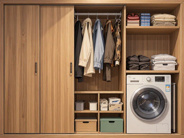 家用卡通造型衣柜搭配洗衣柜洗衣机位,打造高颜值收纳空间