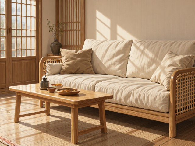 实木藤木结合棉麻家具，天然环保，打造日式简约客厅新风尚