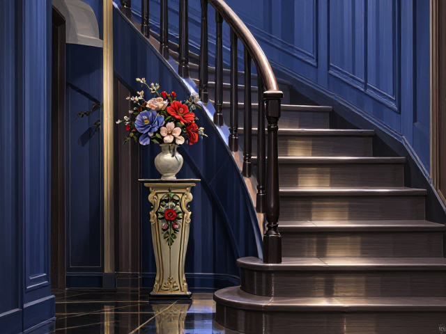 玄关楼梯旁摆件怎么选?对比色点缀显贵又吸睛
