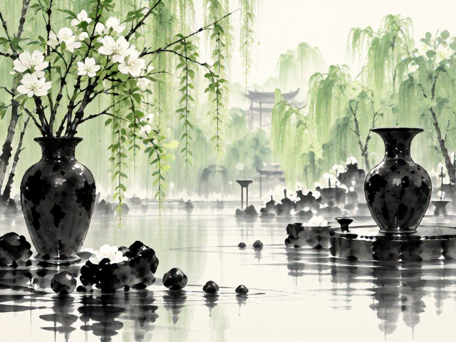 春季嫩色系与水墨黑摆件搭配,白色点缀显高级