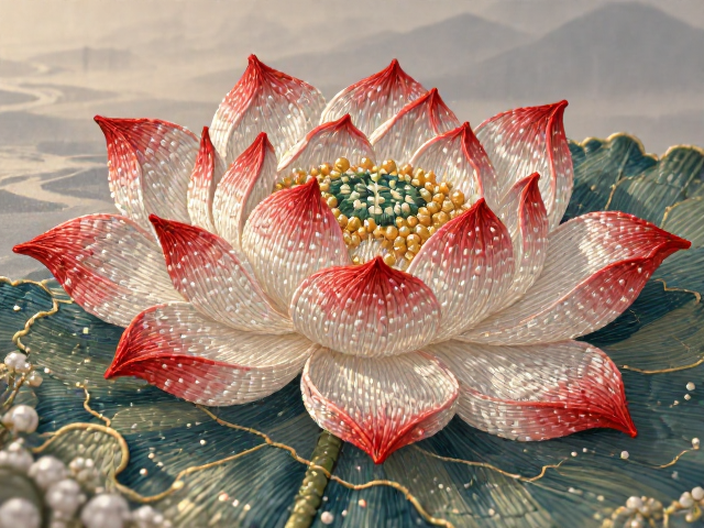 非遗打籽绣技法，莲花纹样针脚成籽状凸起，绣出东方雅致之美