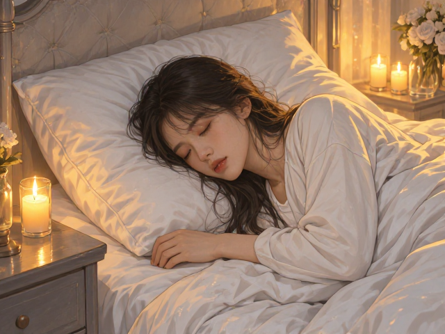 卧室暖光助眠,白色与浪漫烛光色营造的静谧睡眠空间