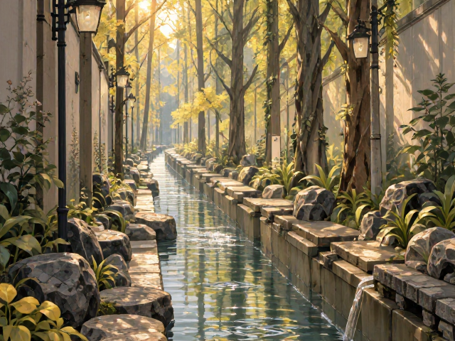 走廊通道结合水景布局,四季景观变换打造极致意境