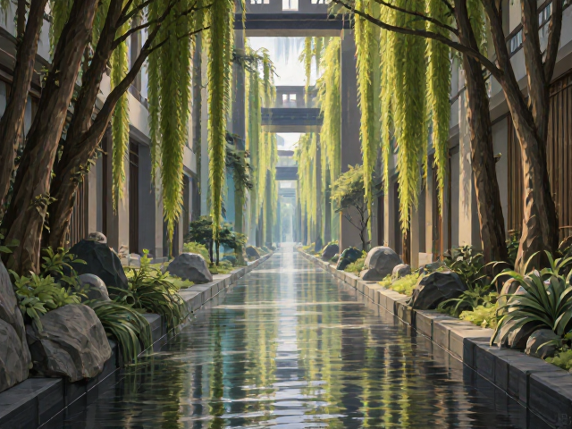走廊通道结合水景布局,四季景观变换打造极致意境
