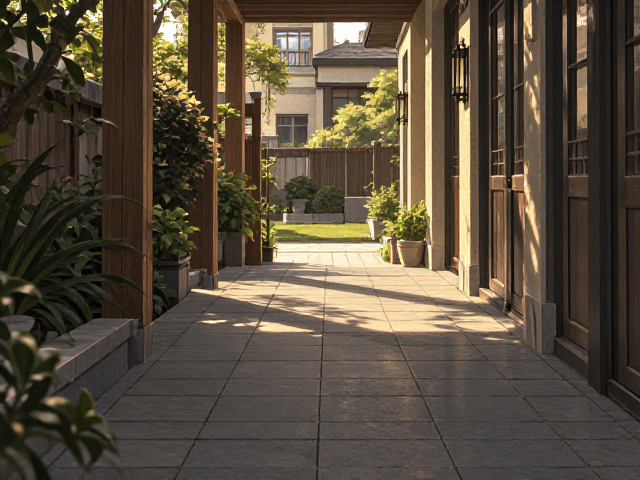 走廊通道连接庭院铺装，打造封闭式后院休闲区的设计灵感