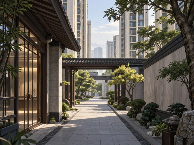 高层住宅走廊通道新中式庭院装修,打造高端公共区域设计灵感
