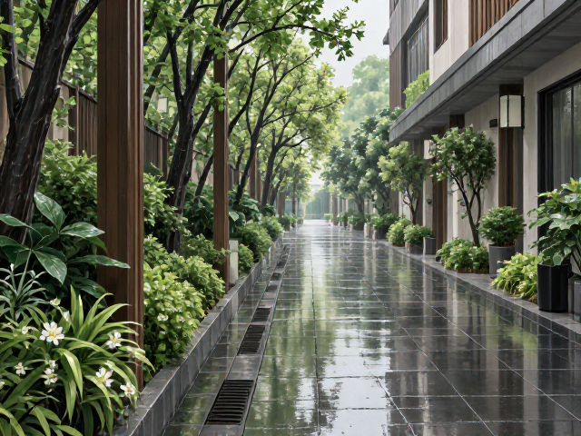 走廊通道景观绿化搭配，雨天排水防溅设计指南
